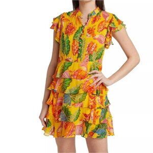 Farm Rio Yellow Beaks and Banana Tiered Ruffle Dress